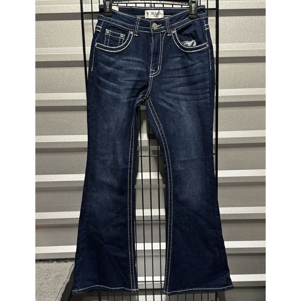 Y Jeans Los Angeles Women Y2K  Flare Leg Bling Jeans Embelished Pockets Size 7/8